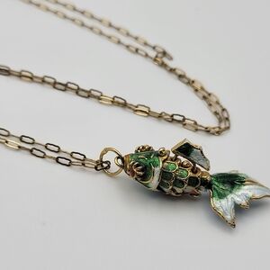 Enameled Chinese Articulated Koi Fish in Gold Filled Stamped Pendant Necklace
